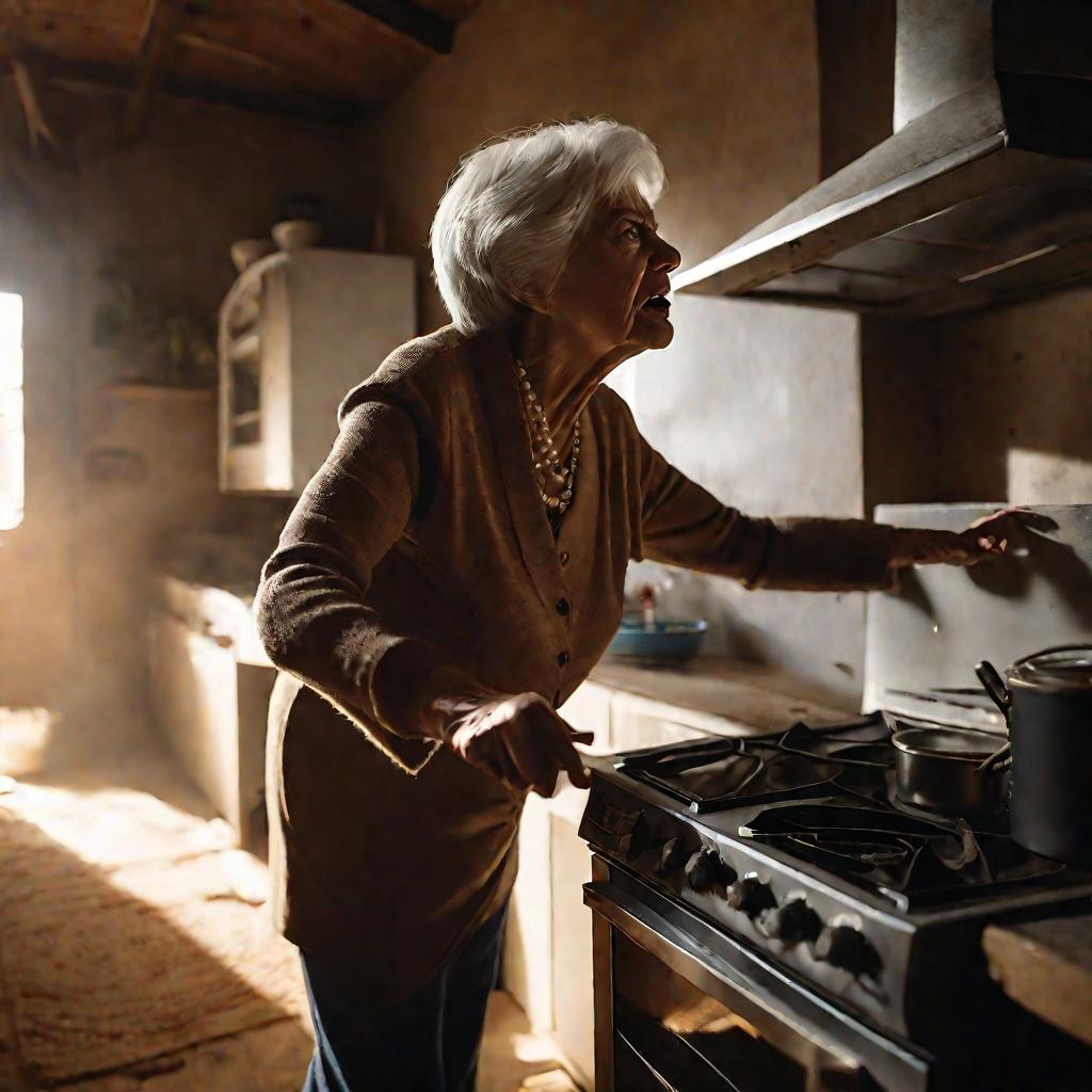 Пожилая женщина злится из-за сломанной плиты