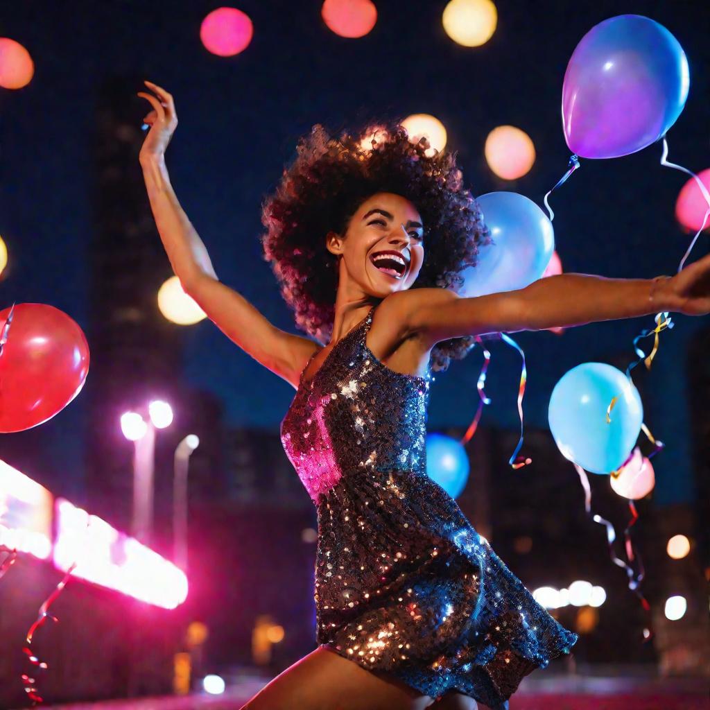 Девушка празднует день рождения на фоне ночного города