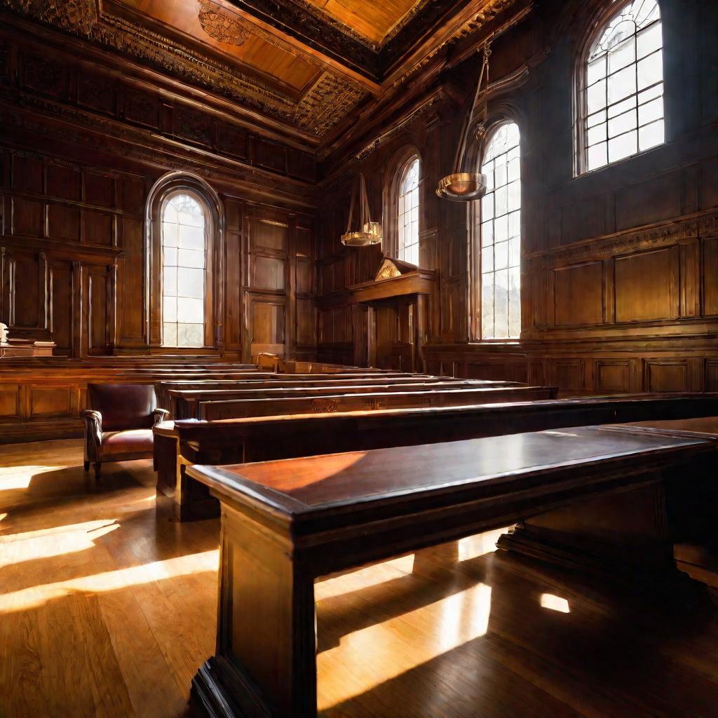 Средний план пустого судебного зала с драматичным освещением через большое окно