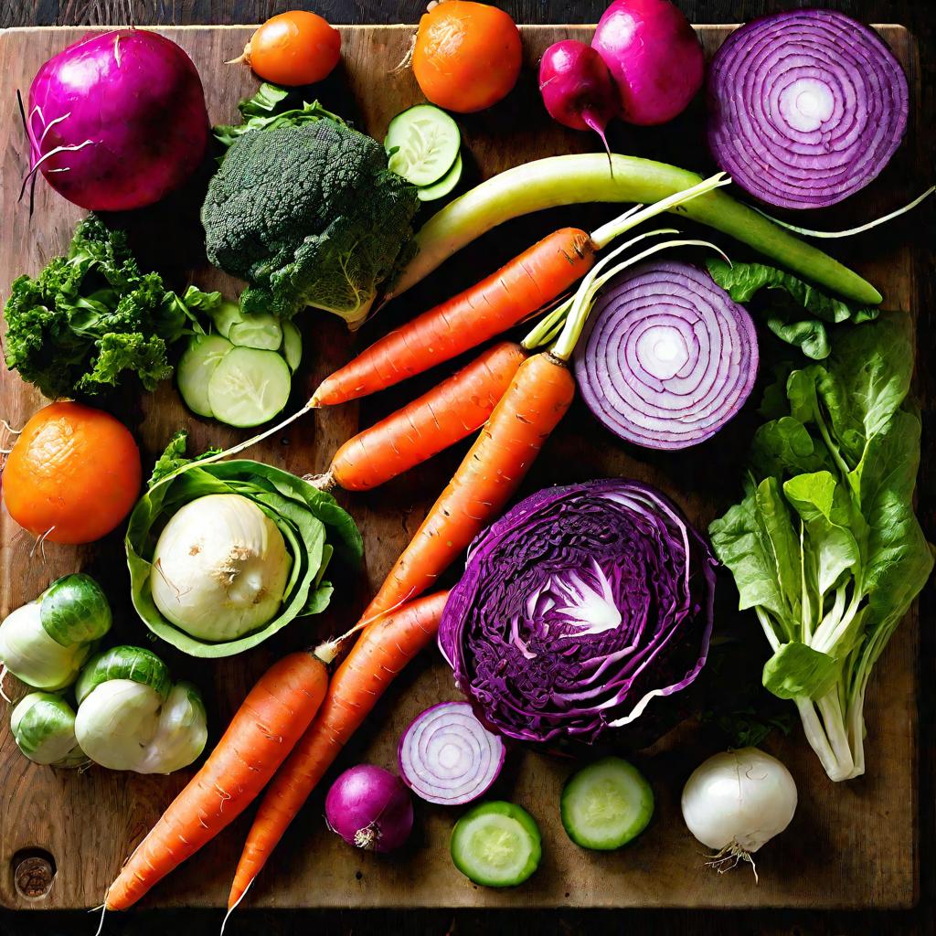 Доска с разноцветными овощами для салата