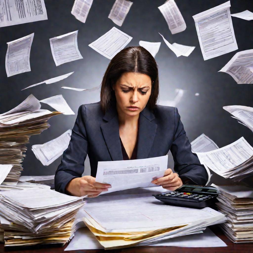 Крупным планом портрет обеспокоенной женщины в костюме, смотрящей на налоговые документы на рабочем столе.