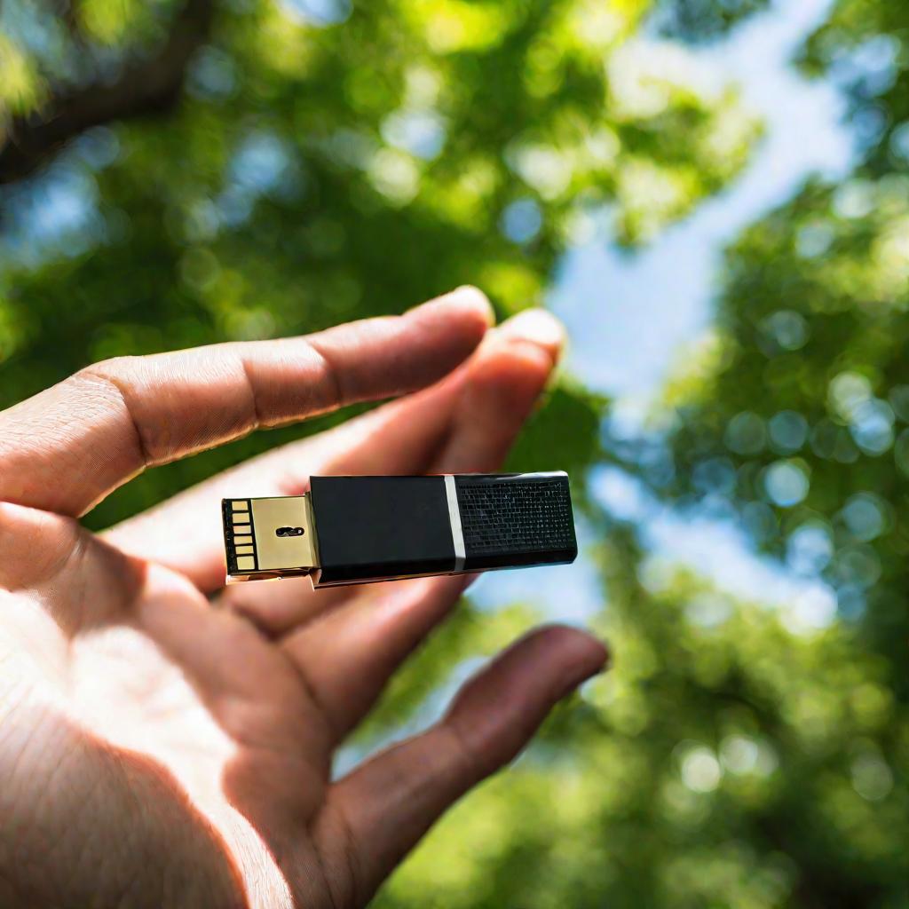 Нижний ракурс руки, держащей USB флеш накопитель, на фоне размытых деревьев в солнечный день.