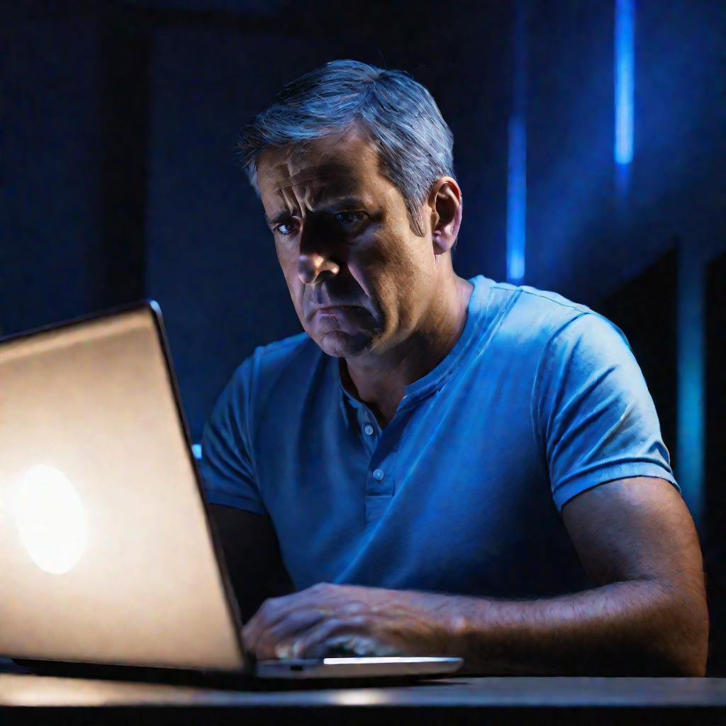 Портрет мужчины ночью в тусклом свете ноутбука. Он отчаянно пытается вспомнить пароль администратора Windows.