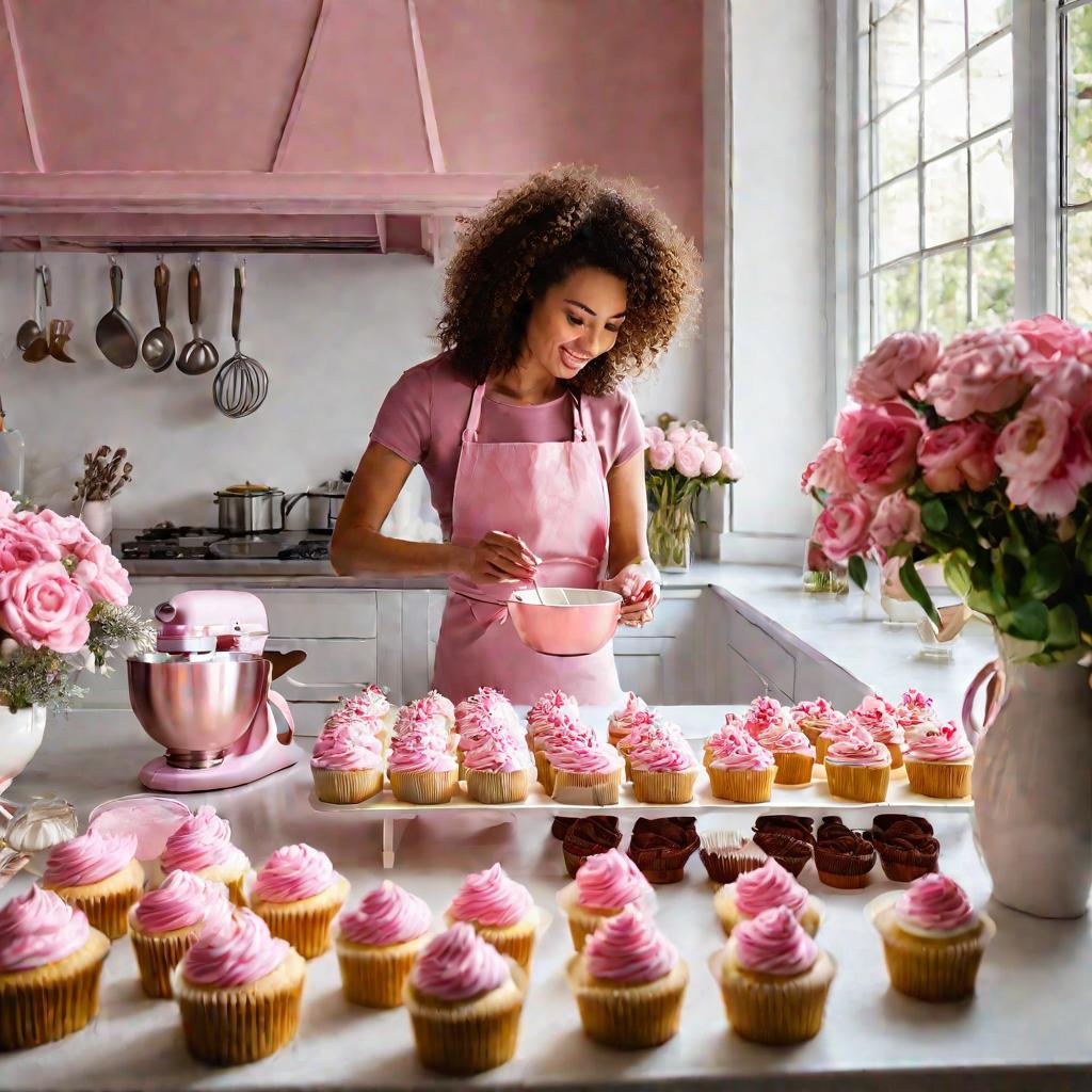 Девушка украшает кексы розовой глазурью на солнечной кухне