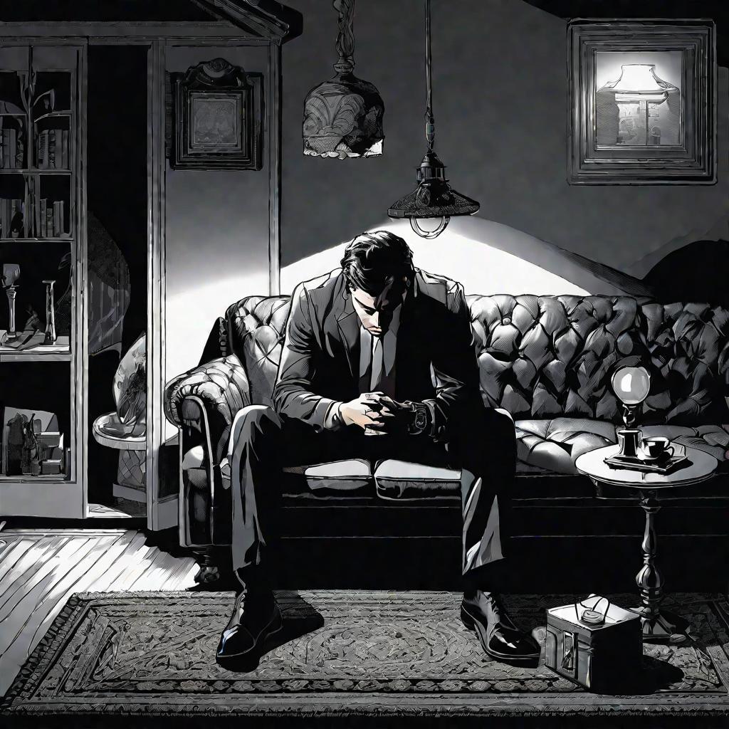 Обеспокоенный мужчина ночью сидит в одиночестве на диване, глядя на кольцо в коробке, что создает атмосферу тревоги и изоляции.