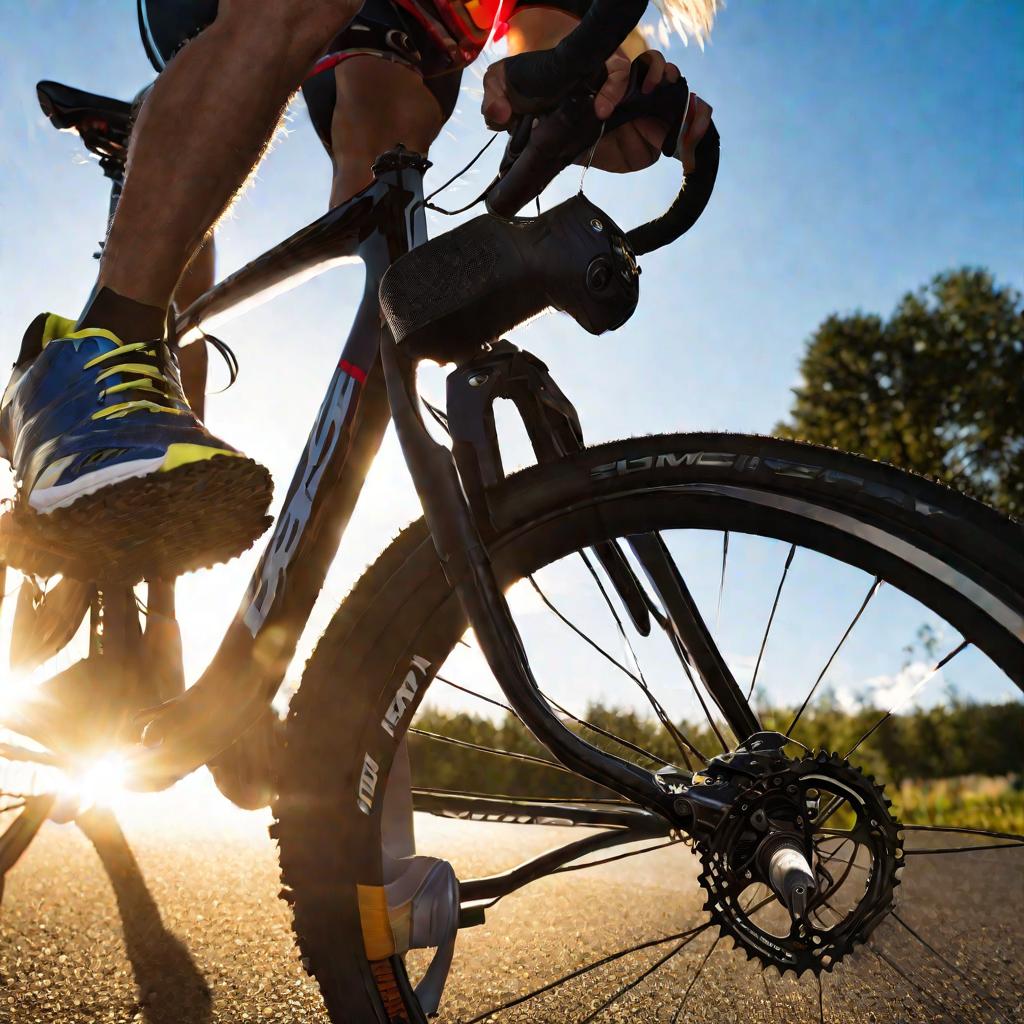 Ноги велосипедиста в спортивной обуви на педалях в лучах солнца