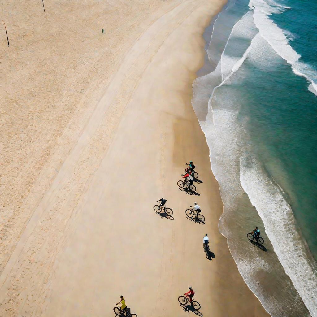 Группа велосипедистов едет по пляжу и улыбается