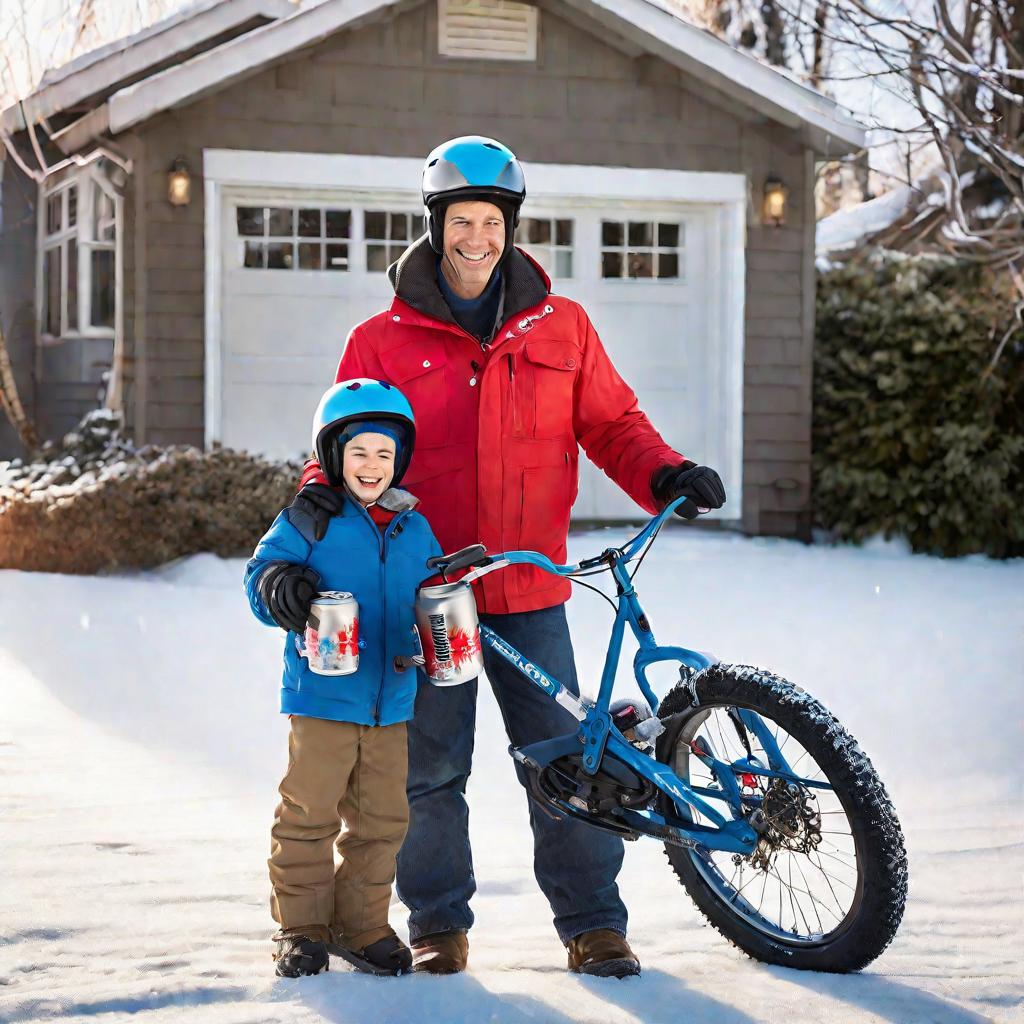 Мальчик на детском велосипеде зимой