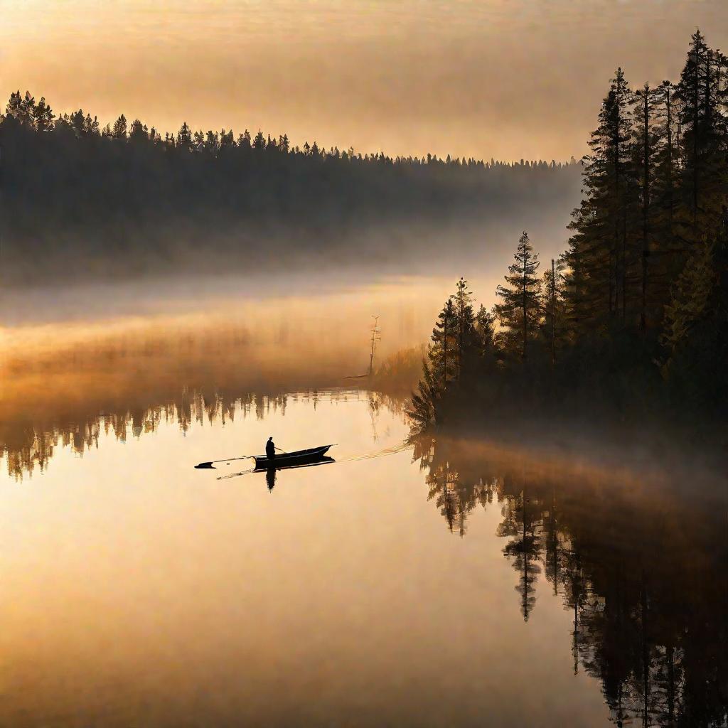 Рыболов в лодке на озере в тумане на рассвете