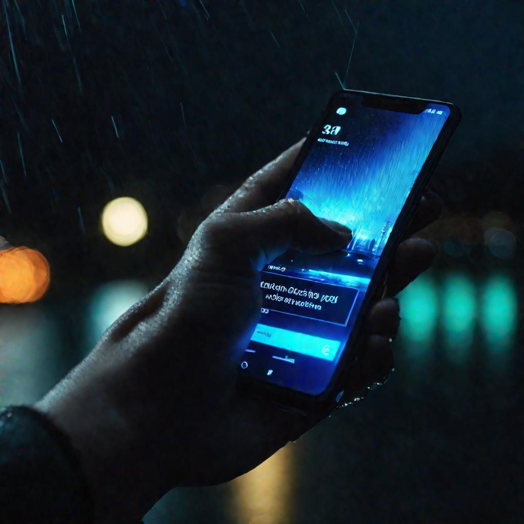 Телефон с приложением фонарика в руке ночью под дождем