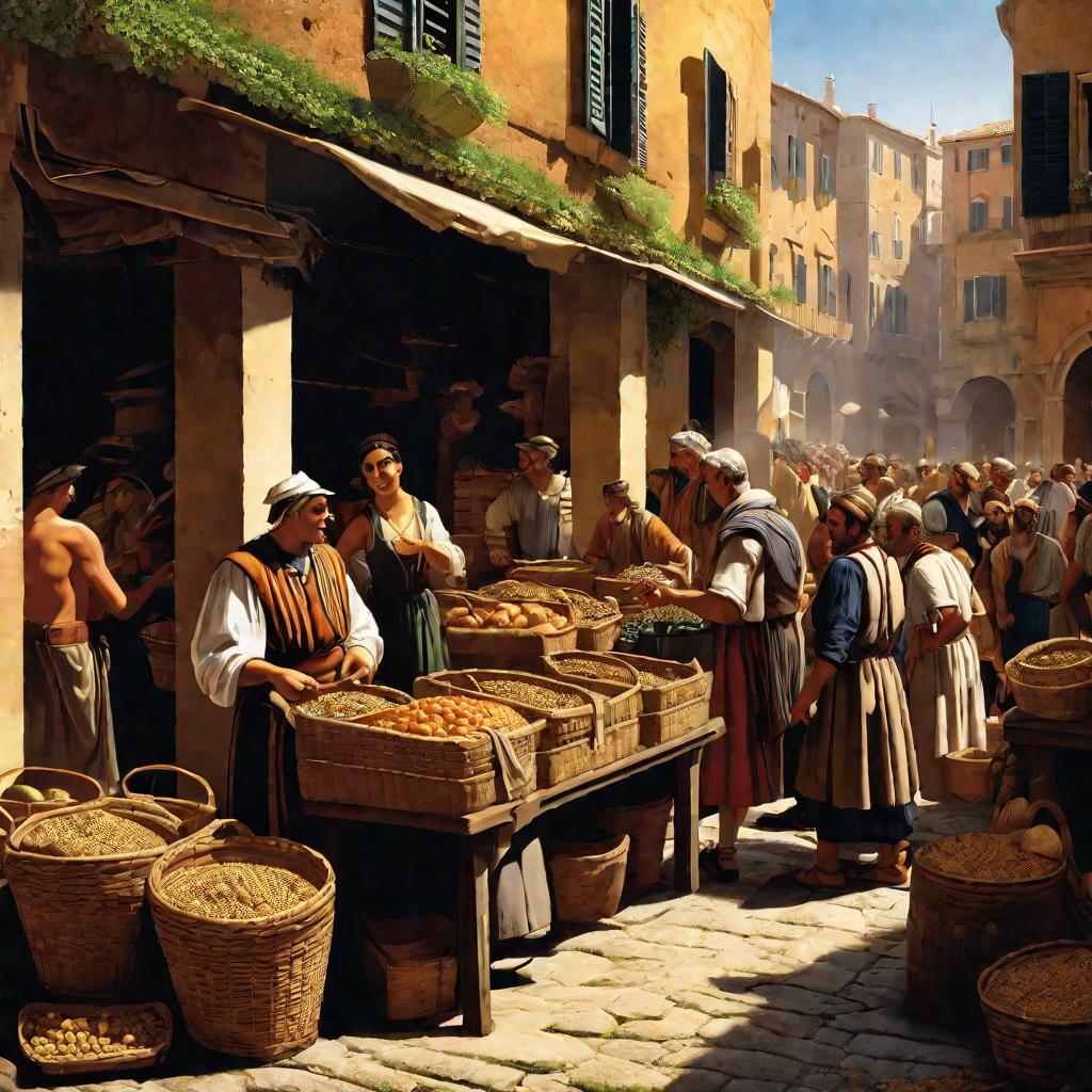 Римский рынок с толпой людей в период упадка.