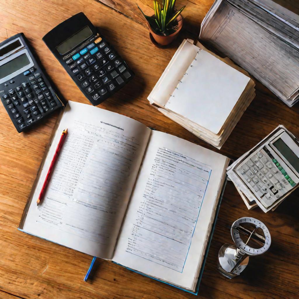 Учебник математики с записанными формулами на столе