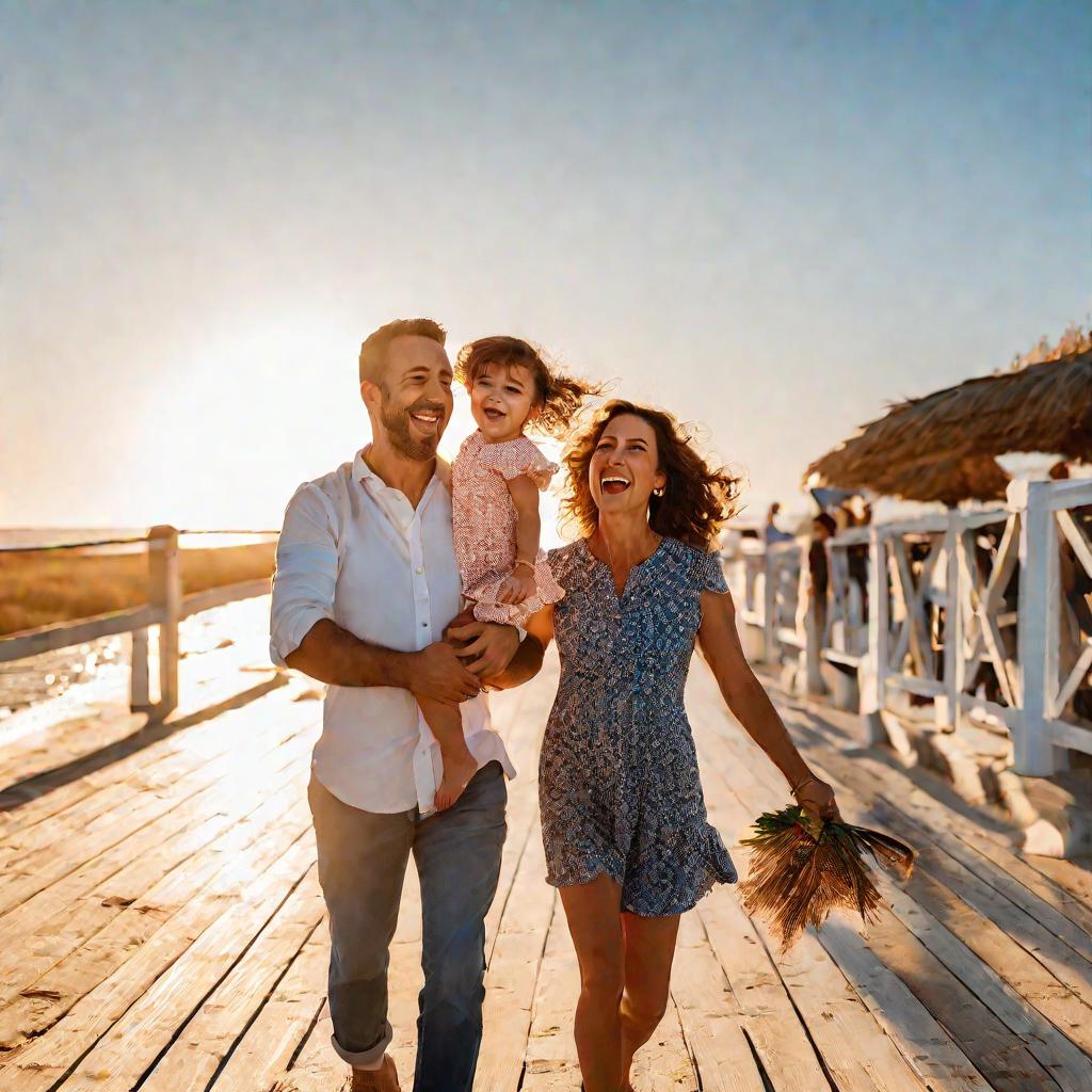 Счастливая семья на пляже Эгейского моря