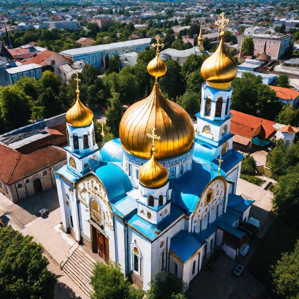 Вид сверху на традиционную православную церковь в солнечный летний день.