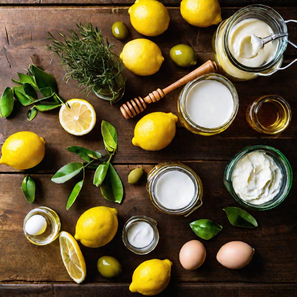 Ингредиенты для масок с лимоном освещены солнечным светом на деревянном столе.
