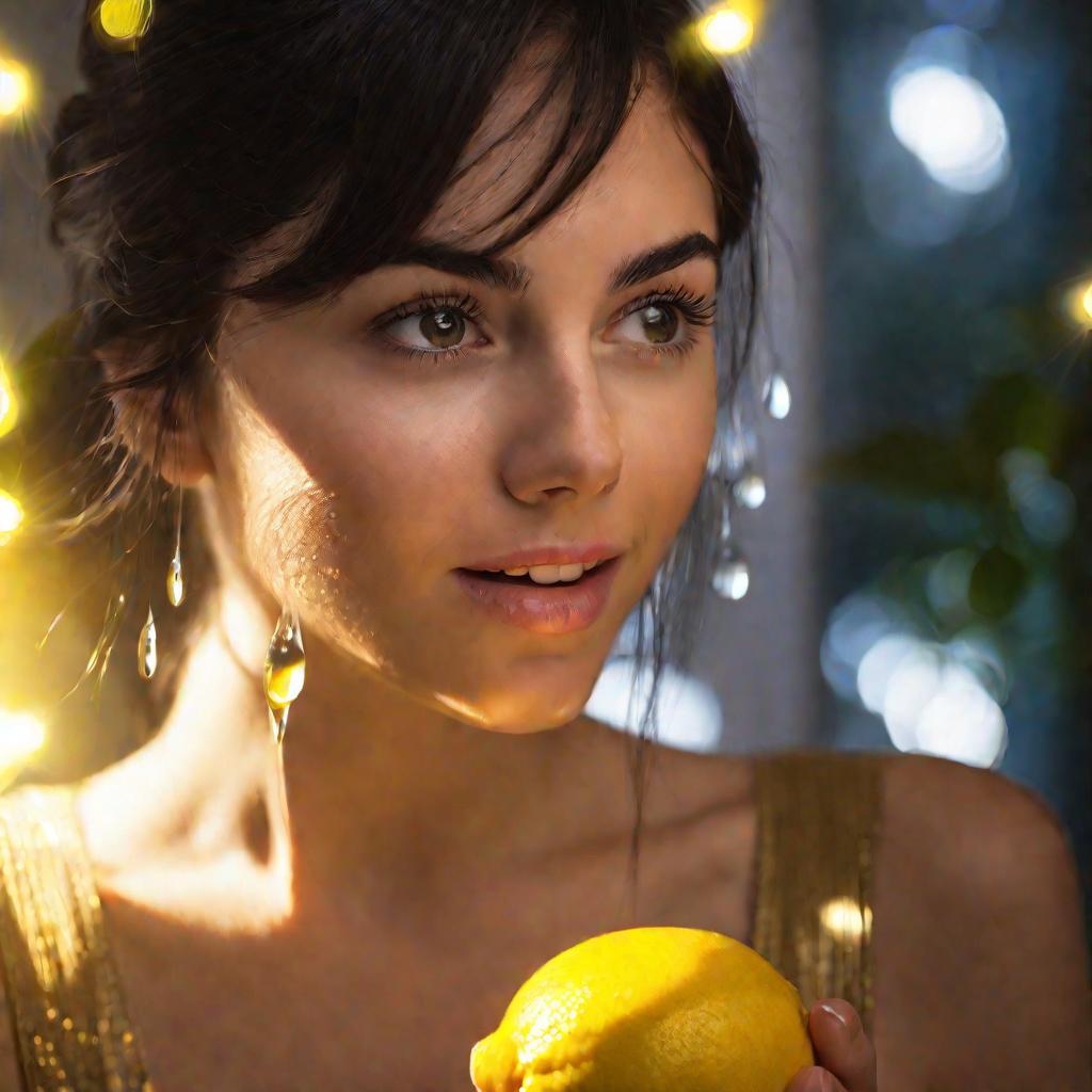 Девушка с темными блестящими волосами удивленно смотрит на капли лимонного сока в волосах.