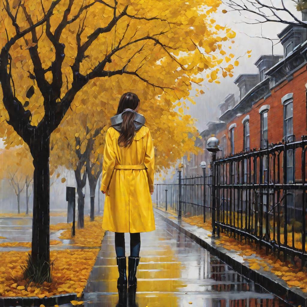 Подросток в желтом дождевике стоит под голым деревом в дождливый осенний день в городе.