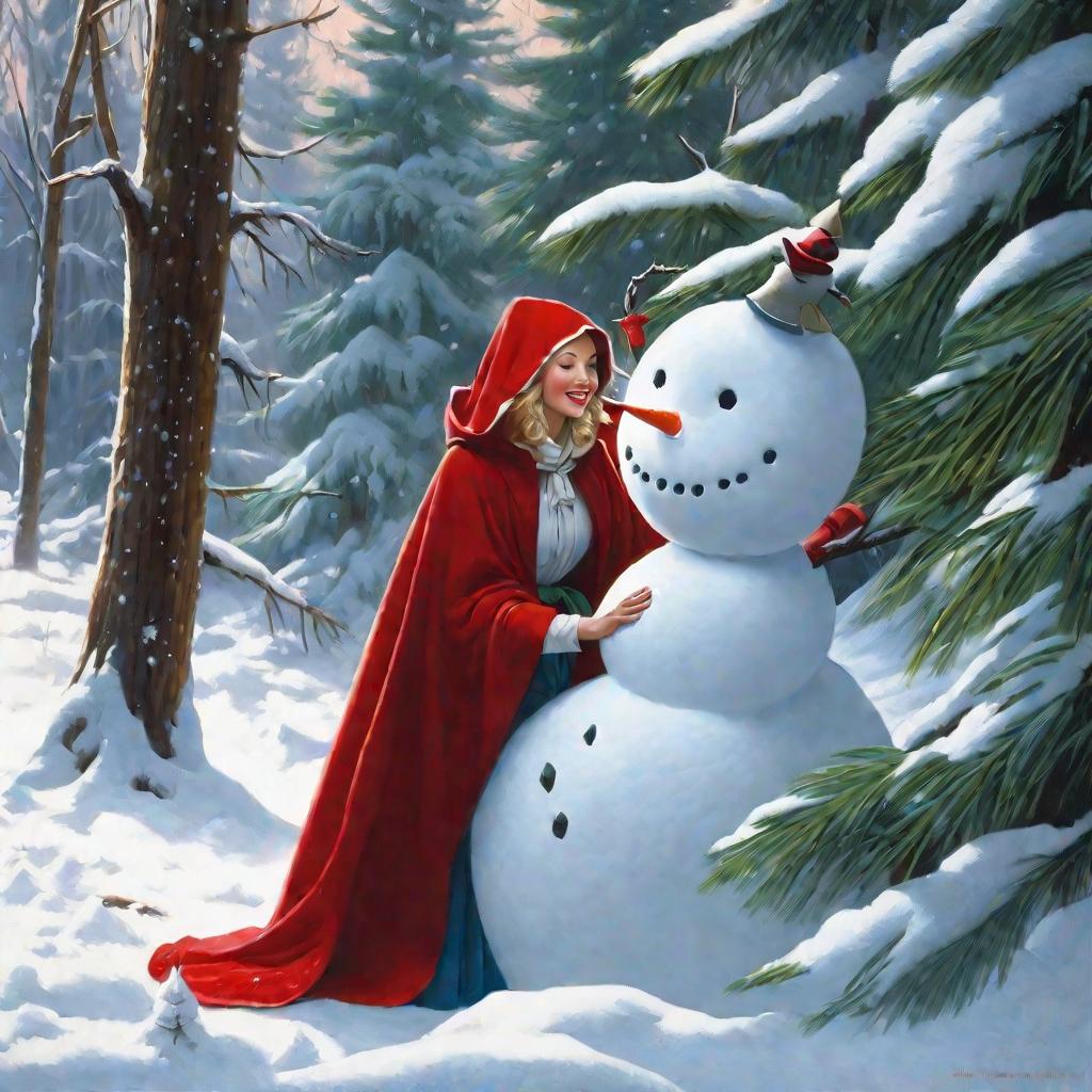 Женщина в красной накидке лепит снеговика в заснеженном лесу в тихое зимнее утро.