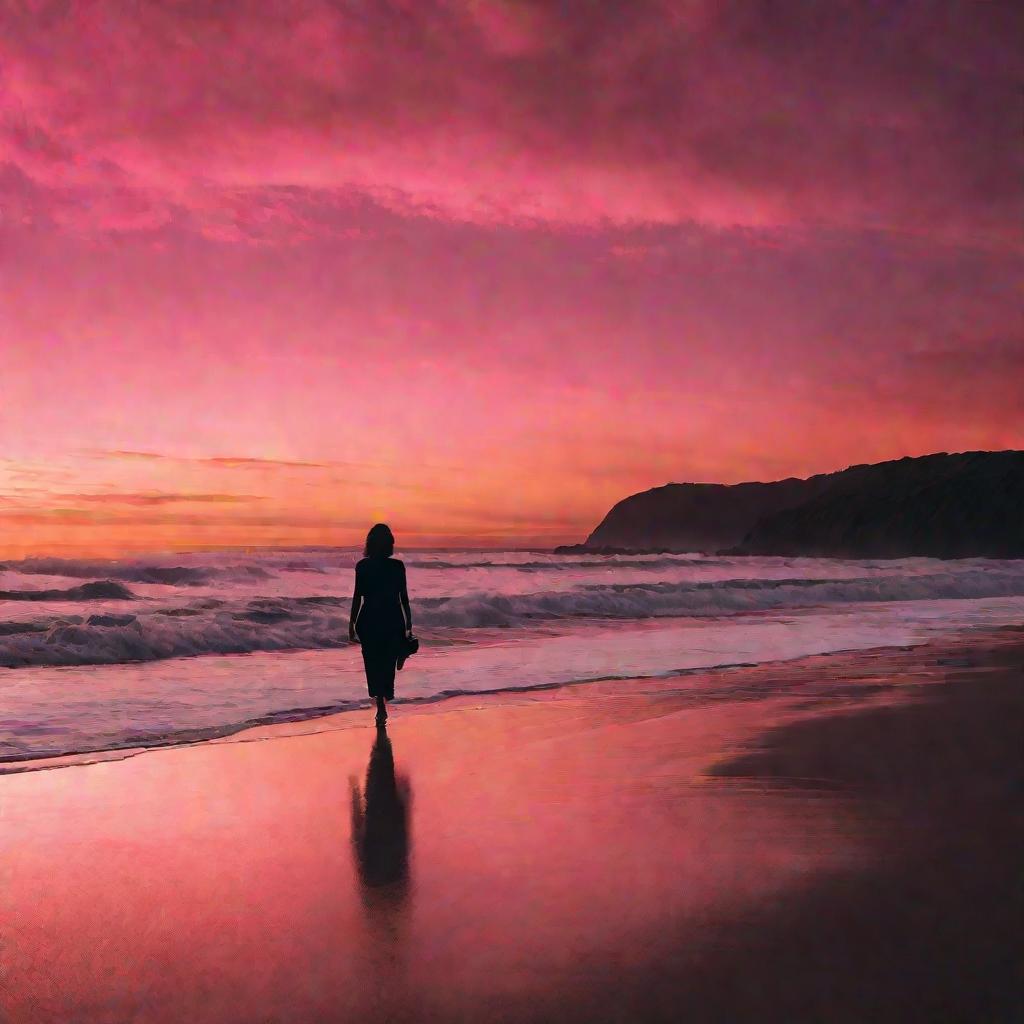 Одинокая женщина на пляже на рассвете