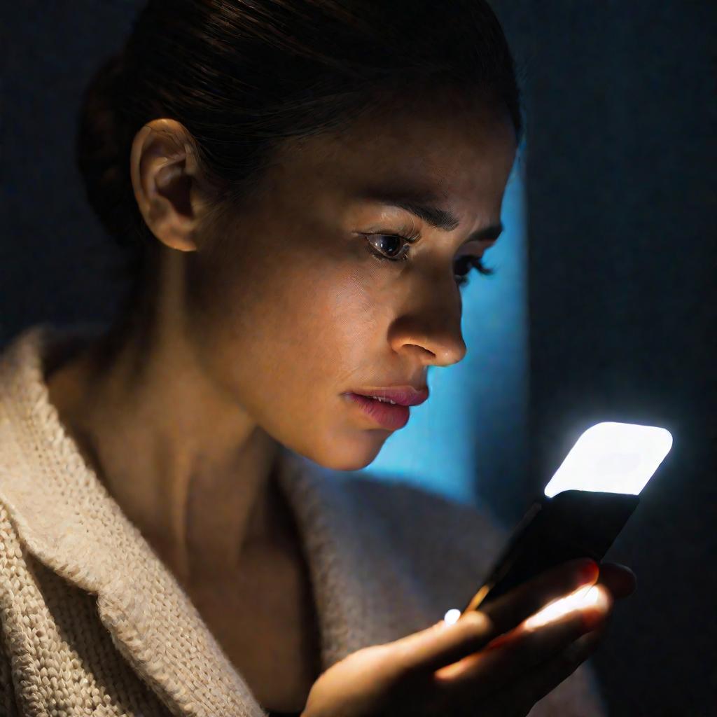 Крупный портрет обеспокоенной женщины, смотрящей на экран смартфона с ошибками. Лицо освещено светом экрана в темной комнате.