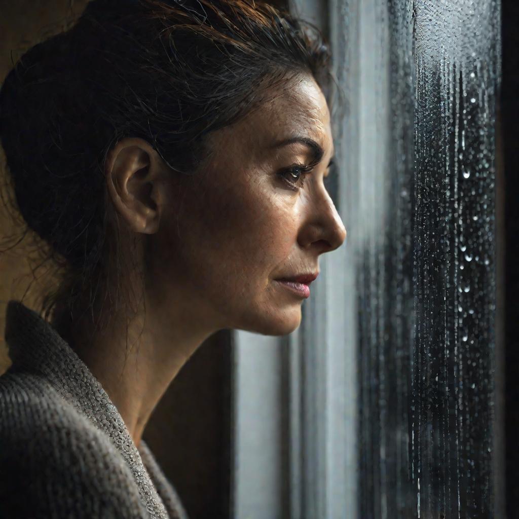 Портрет грустной женщины у окна осенью
