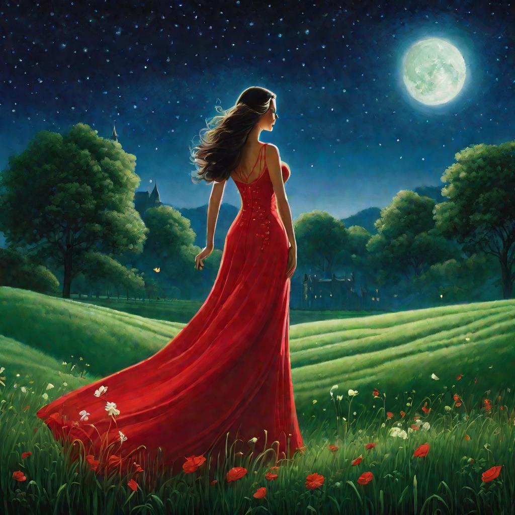 Женщина в красном платье и туфлях танцует в ночи