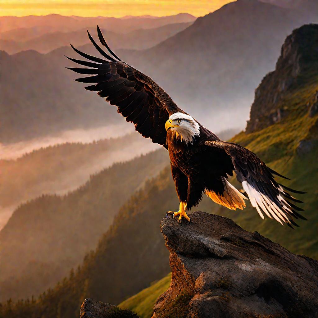 Орел на скале над горами на закате.
