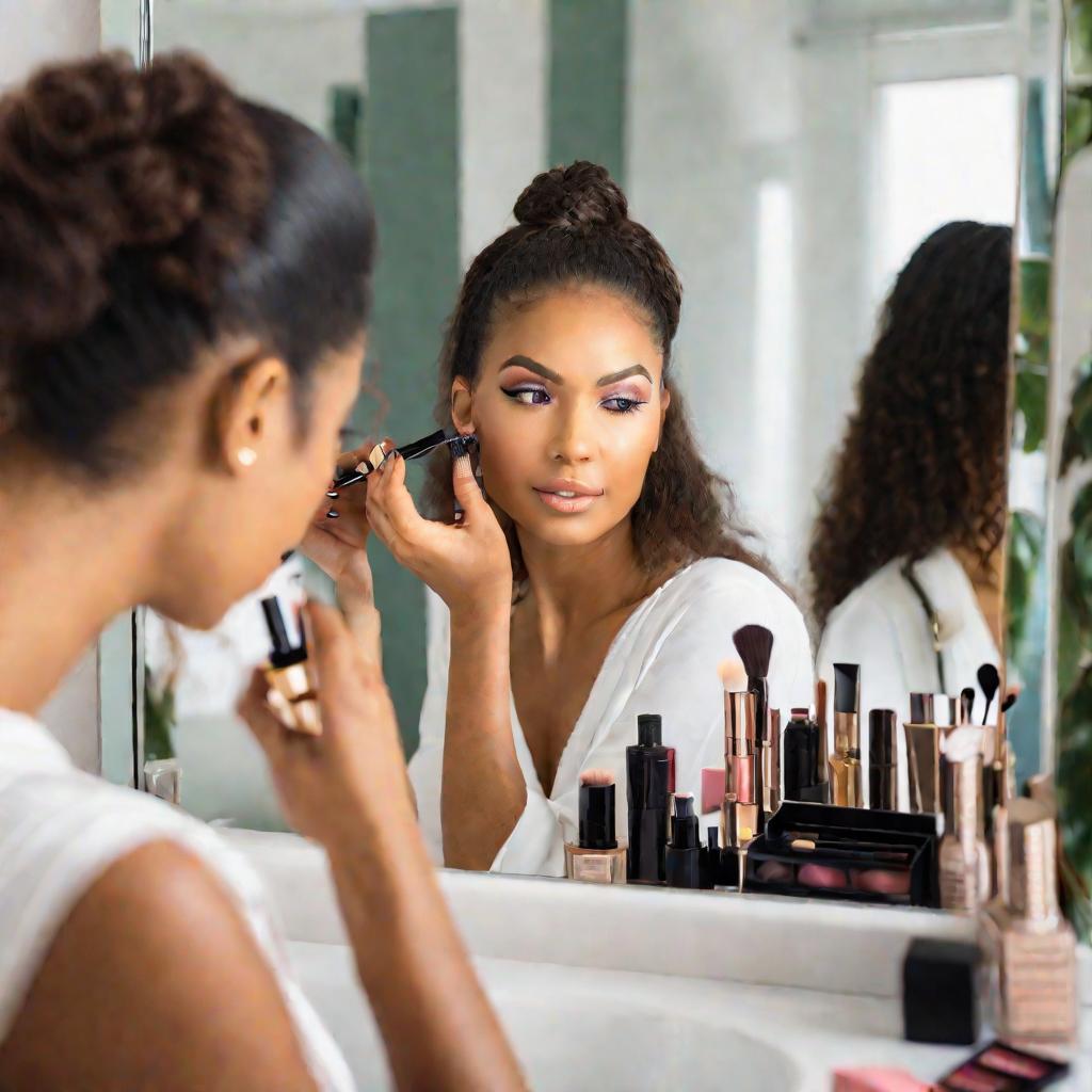 Девушка делает макияж перед зеркалом в ванной