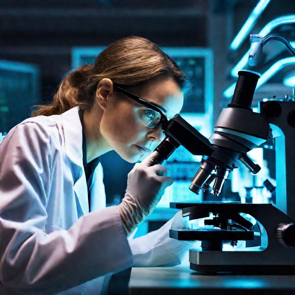 Ученый анализирует образец под микроскопом в высокотехнологичной лаборатории.