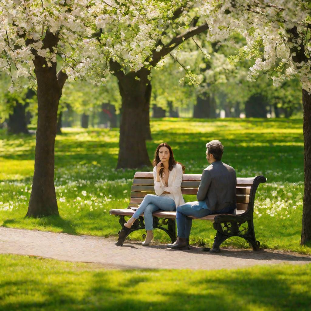 Жена и муж мирятся на скамейке в парке