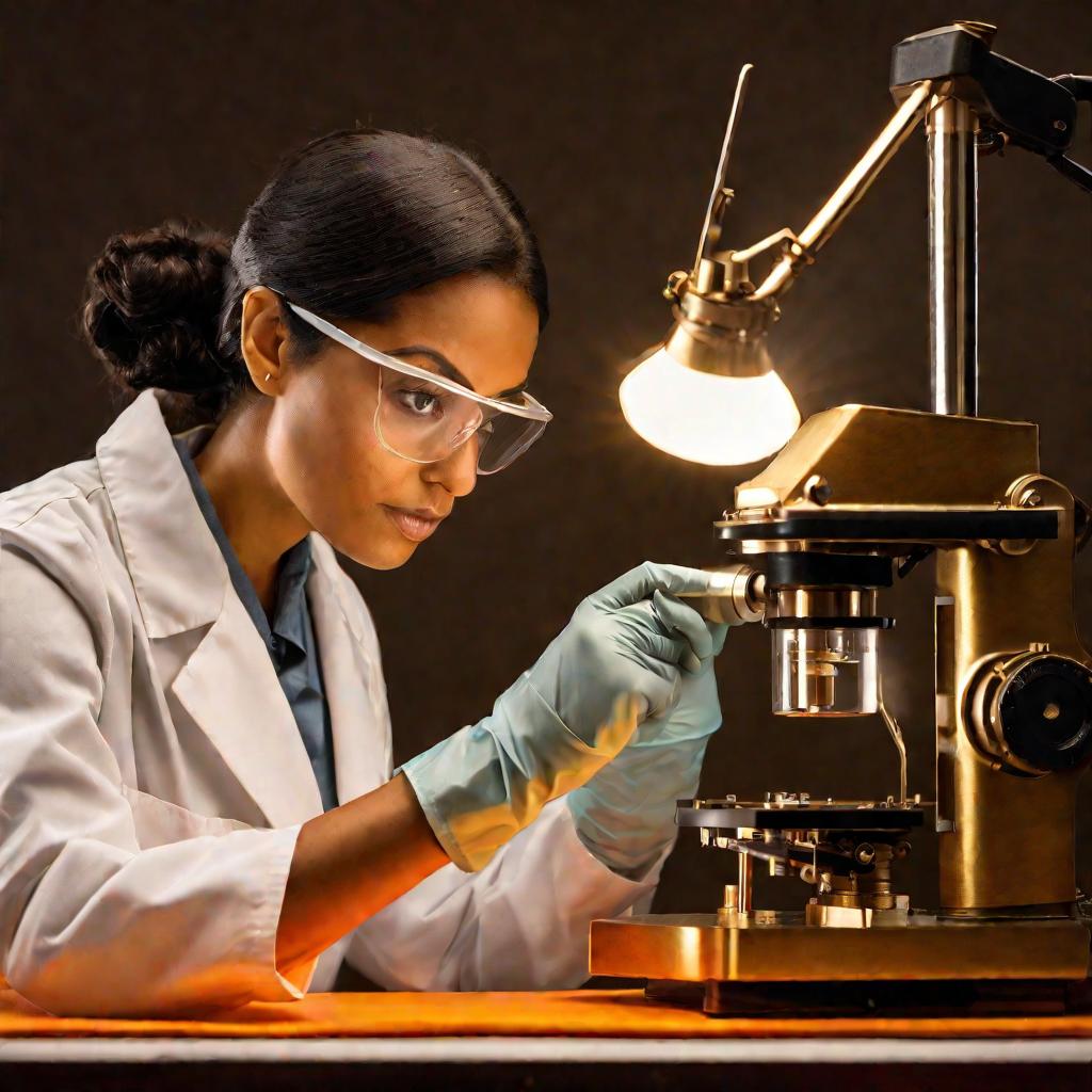 Ученая смотрит в микроскоп, держа пробирку с оранжевым раствором