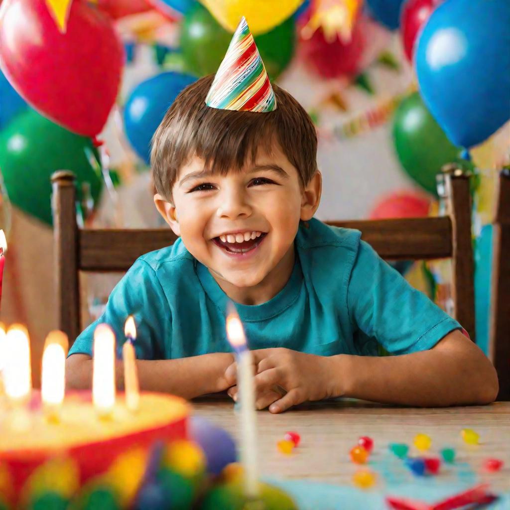 Мальчик за столом с тортом и свечами на дне рождения
