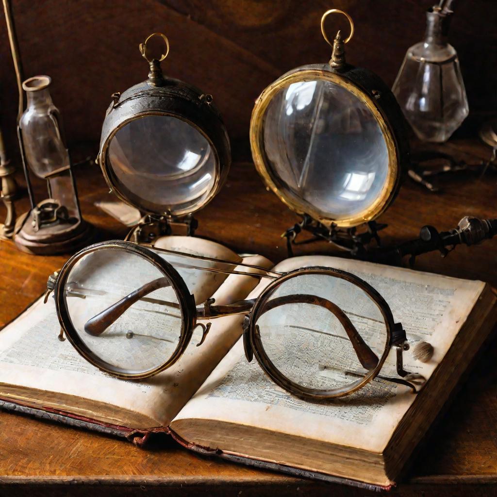Вид сверху на старинные круглые очки с двояковогнутыми линзами, лежащие на столе среди научных инструментов
