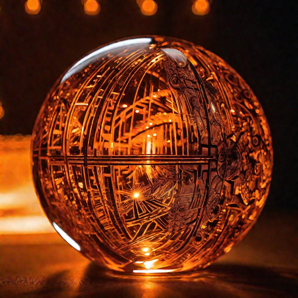 Макросъемка стеклянной сферы, вытравленной узором, которая излучает оранжевый свет, рассеиваемый неровностями во все стороны на фоне темноты