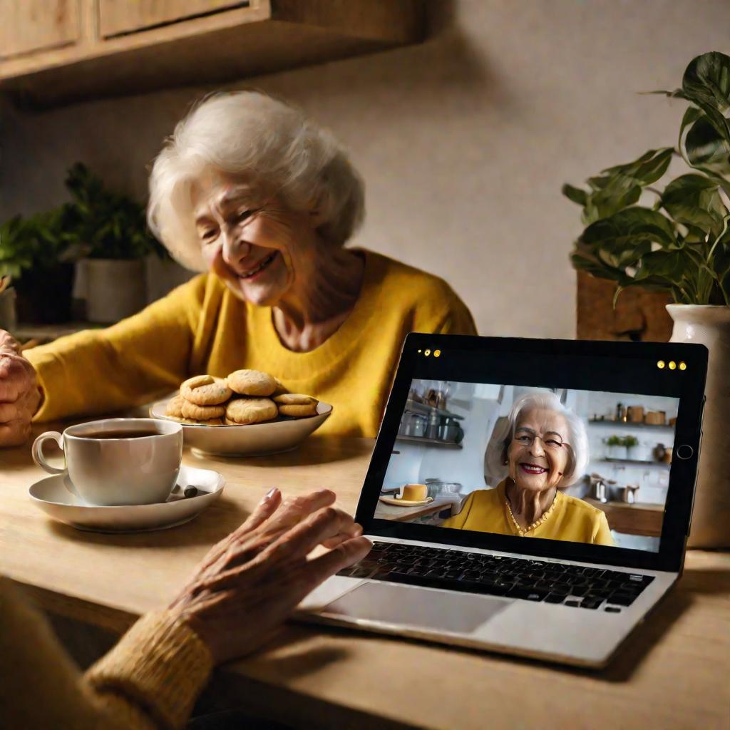 Пожилая женщина видео-звонит дочери по планшету на кухне вечером