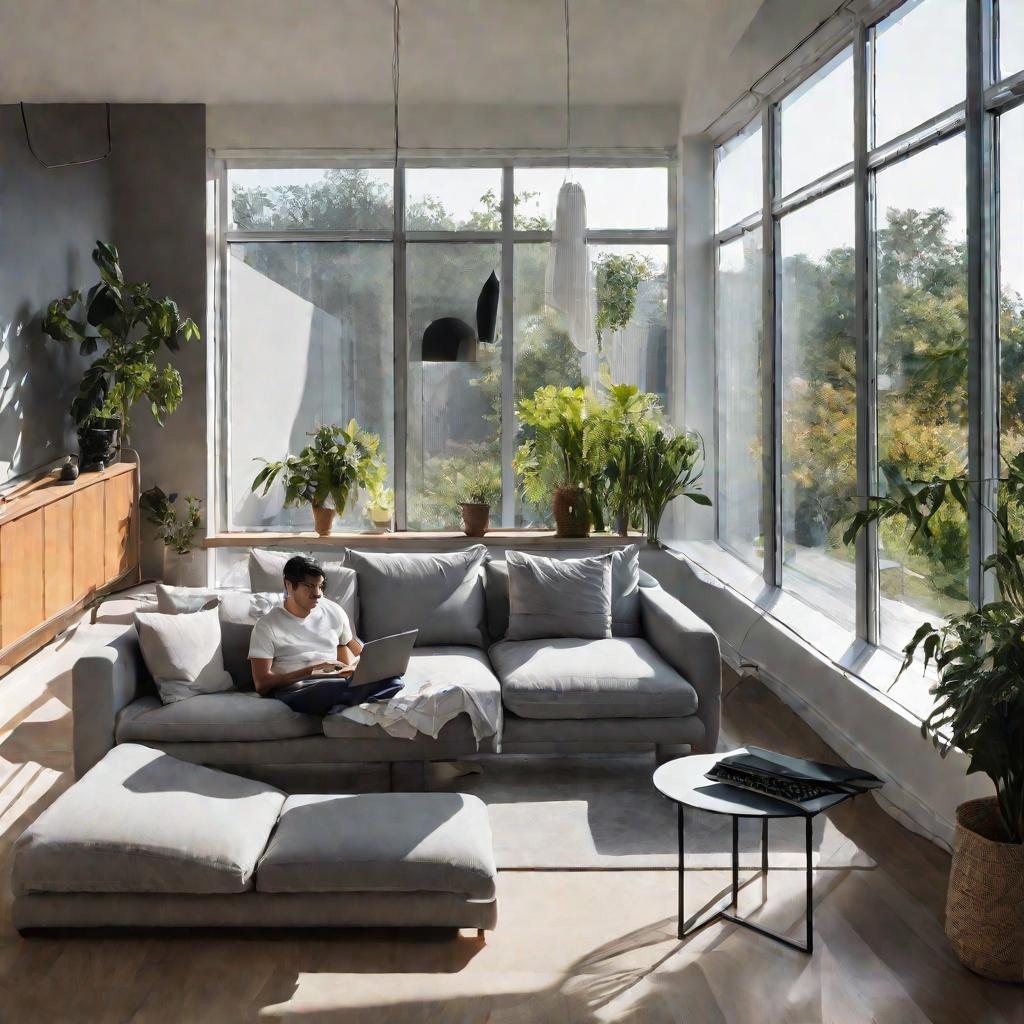 Панорамный вид сверху на современную минималистичную гостиную в солнечный полдень. Молодой человек сидит на сером диване, раздраженно глядя на экран ноутбука, заваленный всплывающими окнами