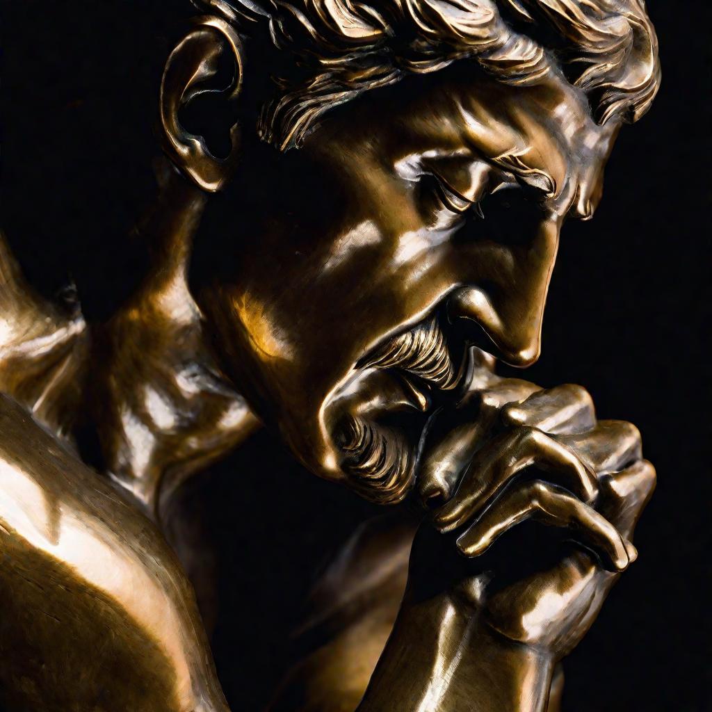 Крупный план скульптуры Мыслитель Родена, лицо и руки высечены из шершавой бронзы, хмурый задумчивый взгляд