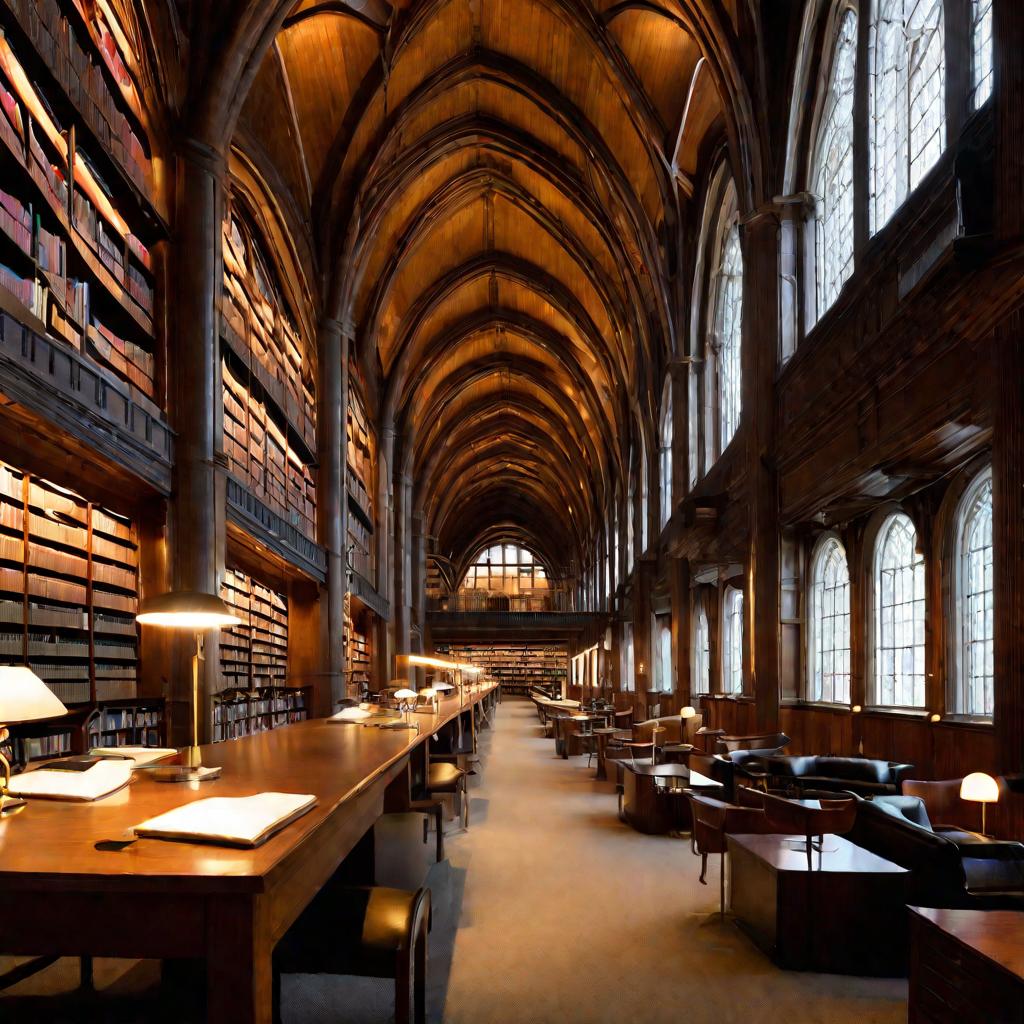 Широкий вид внутри университетской библиотеки, высокие сводчатые потолки, дубовые книжные стеллажи, столы для чтения