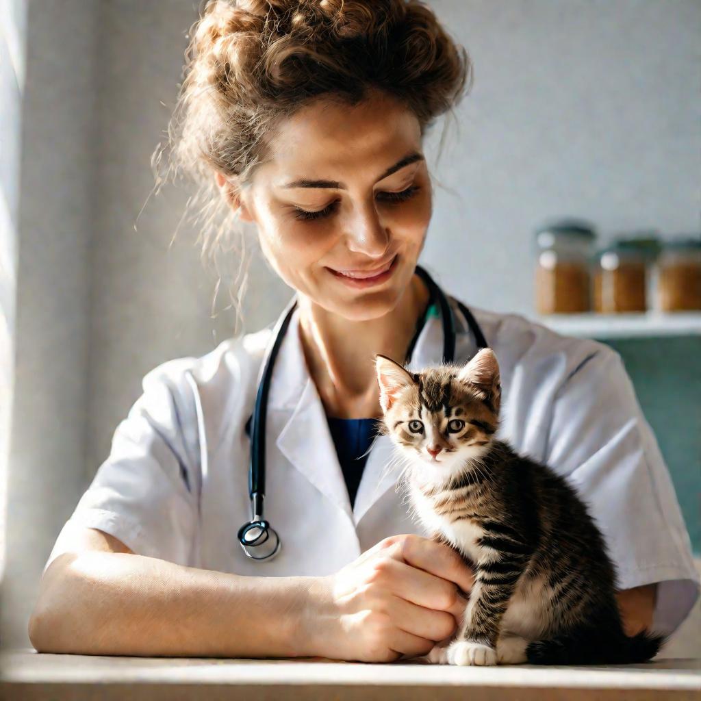 Портрет ветеринара с котенком в светлом кабинете