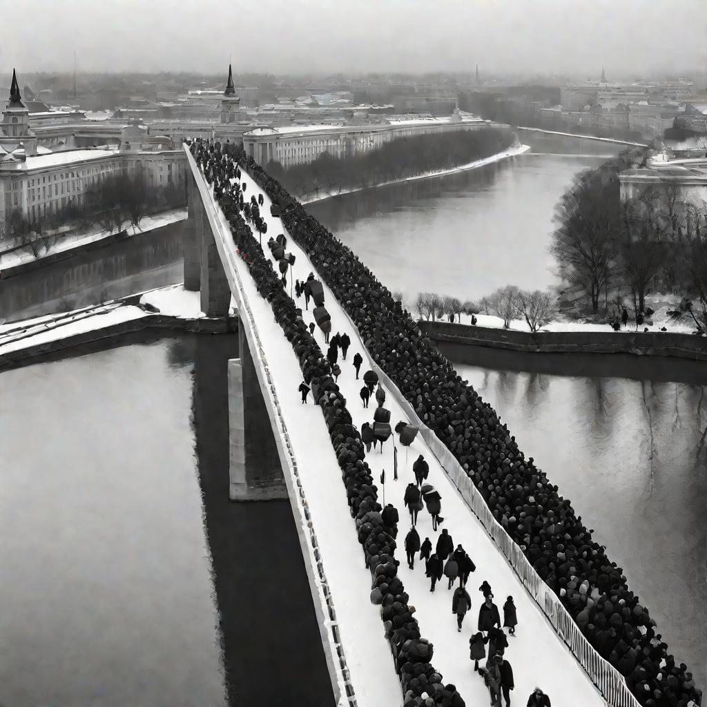 Люди на мосту зимой с вещами