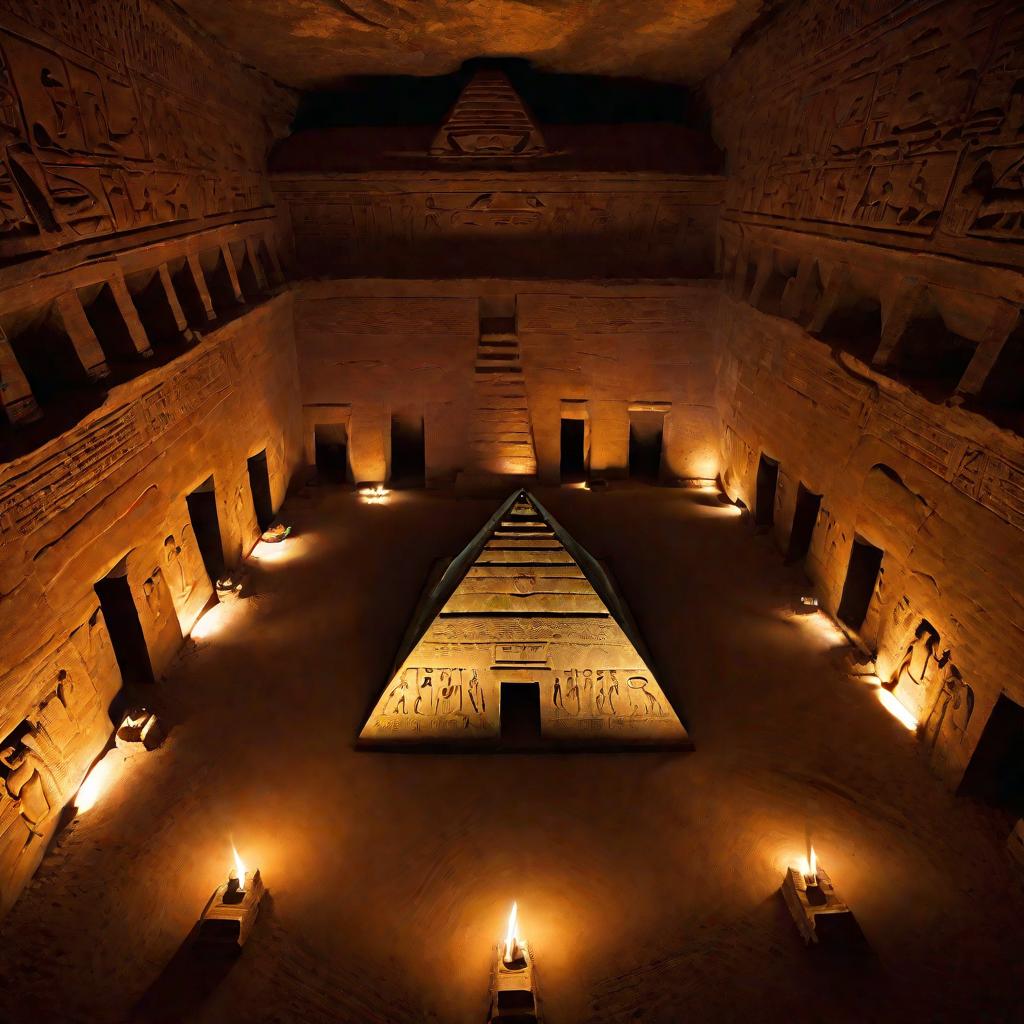 Внутри пирамиды гробница с саркофагом, украшенным скарабеем