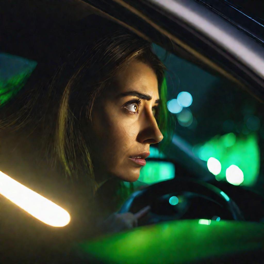 Водительница смотрит на дорогу ночью