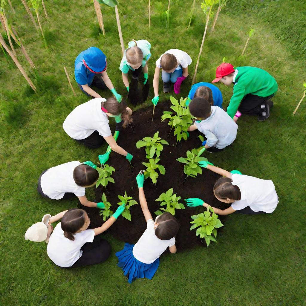 Дети с педагогами сажают деревья