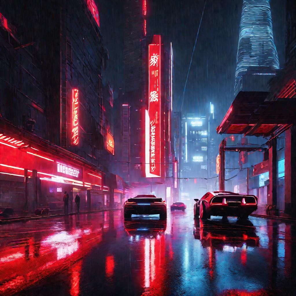 Ночной ненастный городской пейзаж с подсвеченными небоскребами и неоновыми вывесками, отражающимися на мокрых улицах. Машины проезжают мимо, оставляя за собой размытые красные и белые следы света. Сцена выглядит настроенной, киберпанковой.