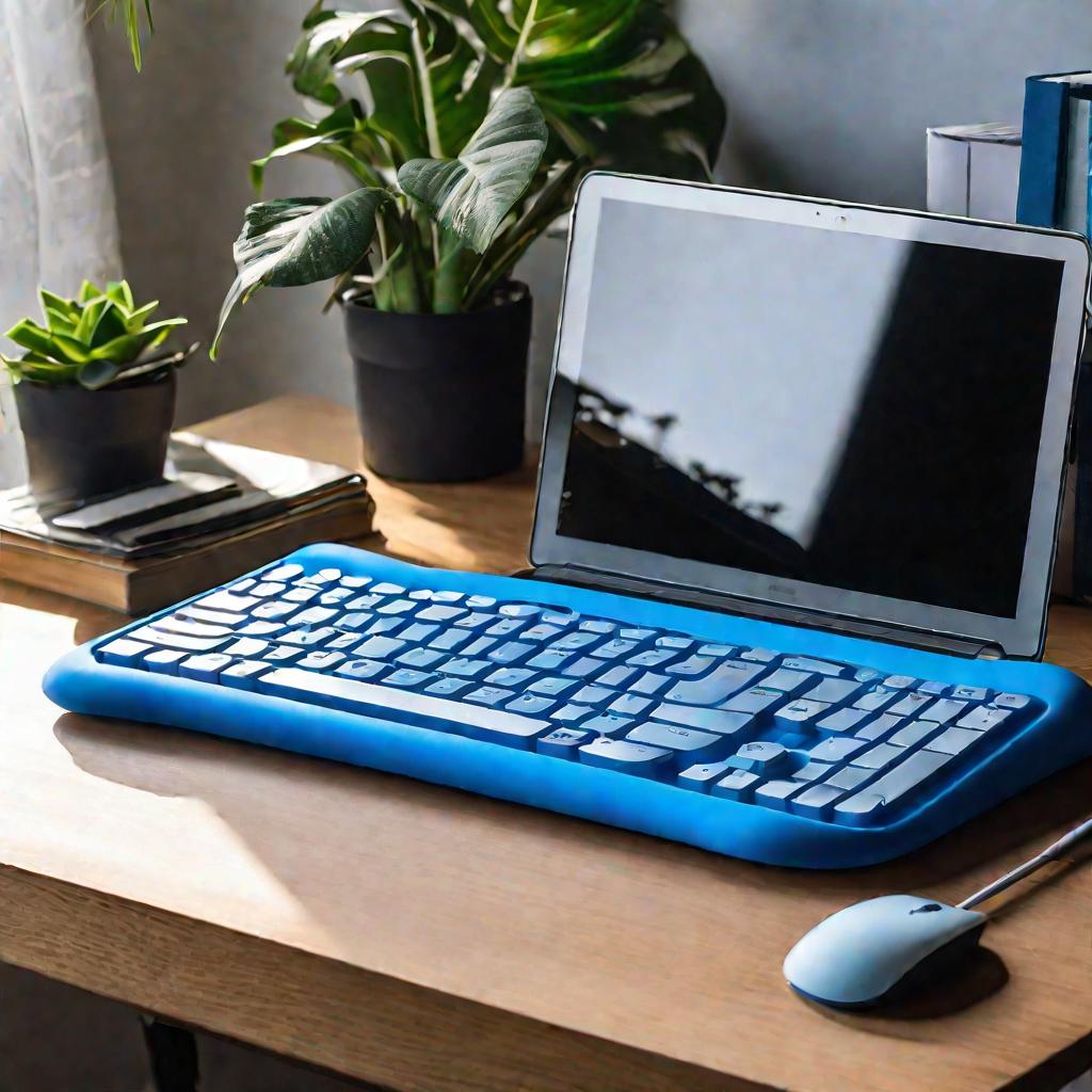 Вид сверху на свернутую силиконовую клавиатуру голубого цвета на рабочем столе рядом с ноутбуком