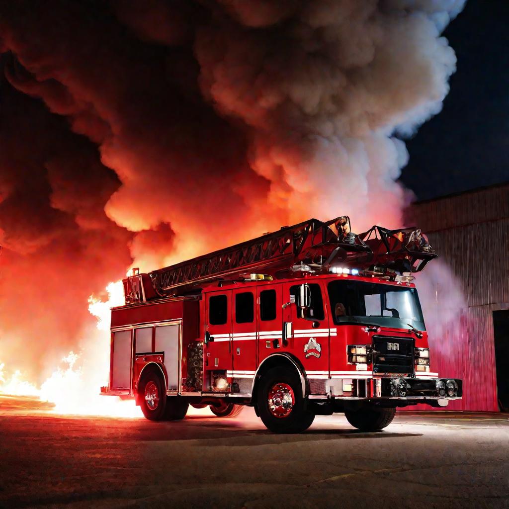 Вид спереди на красный пожарный автомобиль с мигающими огнями. Пожарные тушат пожар на промышленном складе. Плотные клубы черного дыма поднимаются в ночное небо. Пламя и искры пожирают здание.