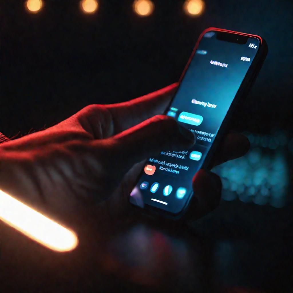 Крупный кинематографический план руки, набирающей сообщение на смартфоне в темной комнате, освещенной лишь светящимся экраном. Сцена вызывает ощущение технологической зависимости и отвлечения от реальности.