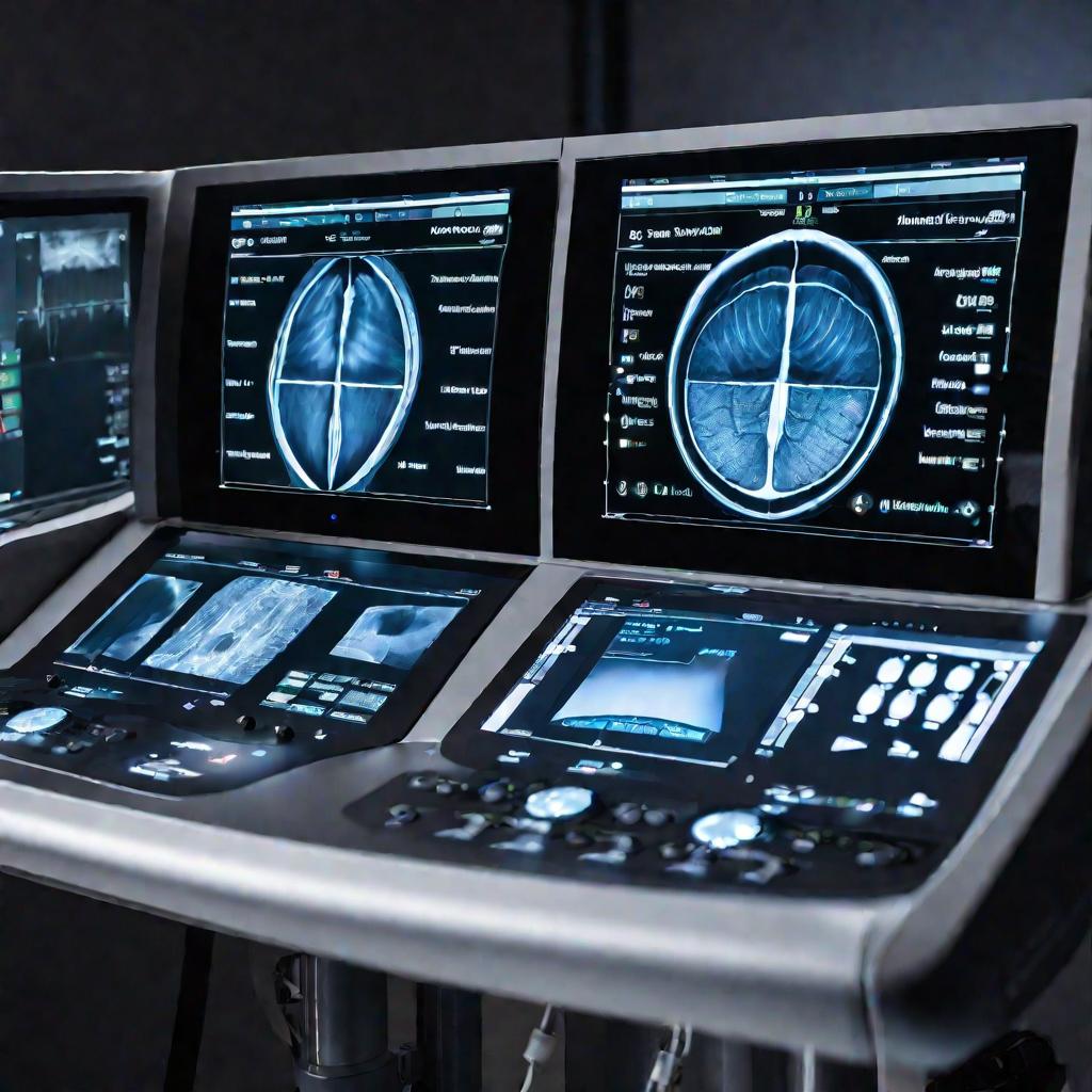Две емкостные сенсорные панели ультразвукового медицинского оборудования рядом, на экранах видны сканы анатомических структур человека