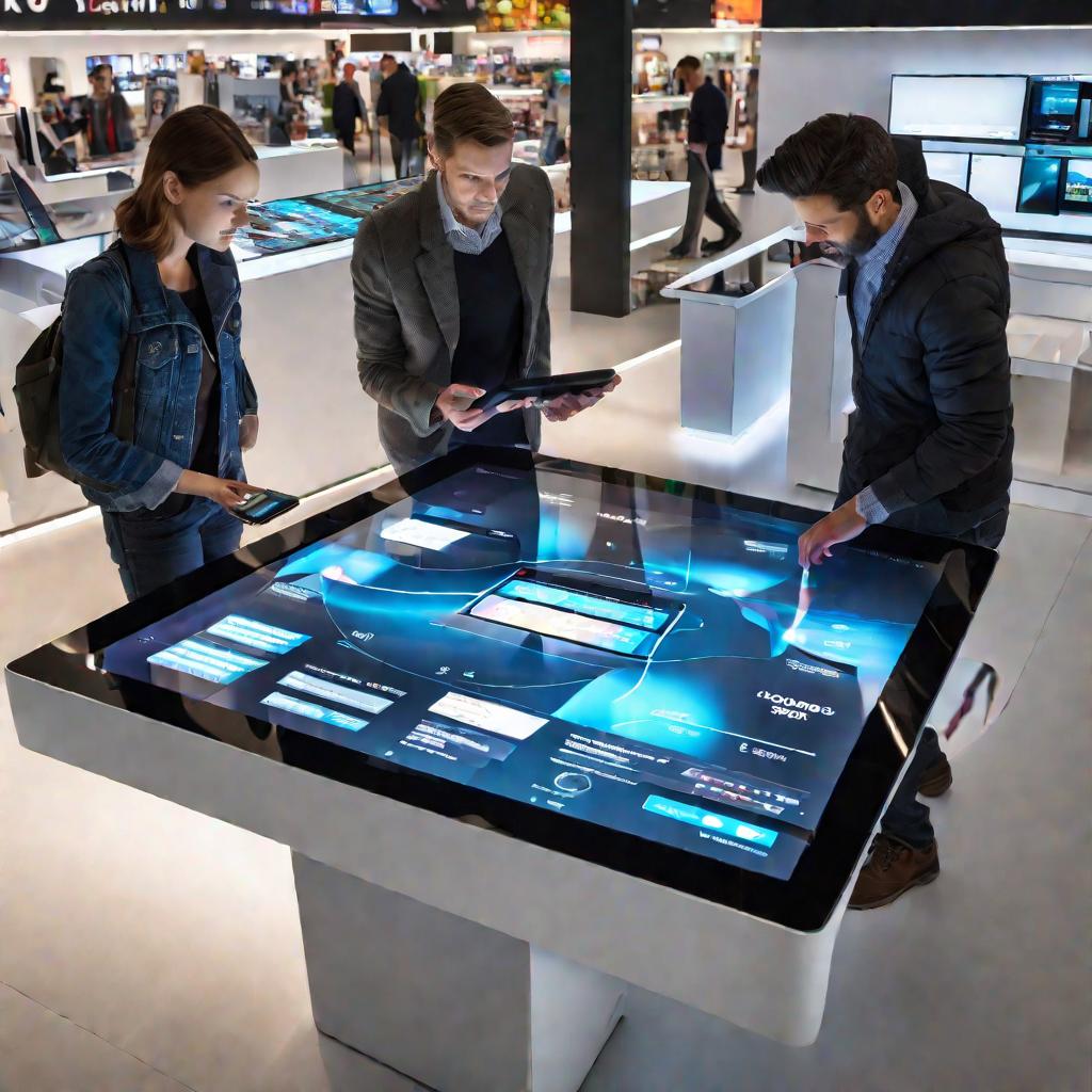 Три человека взаимодействуют с большим информационным столом с емкостным экраном в магазине электроники, на экране сложный объемный интерфейс