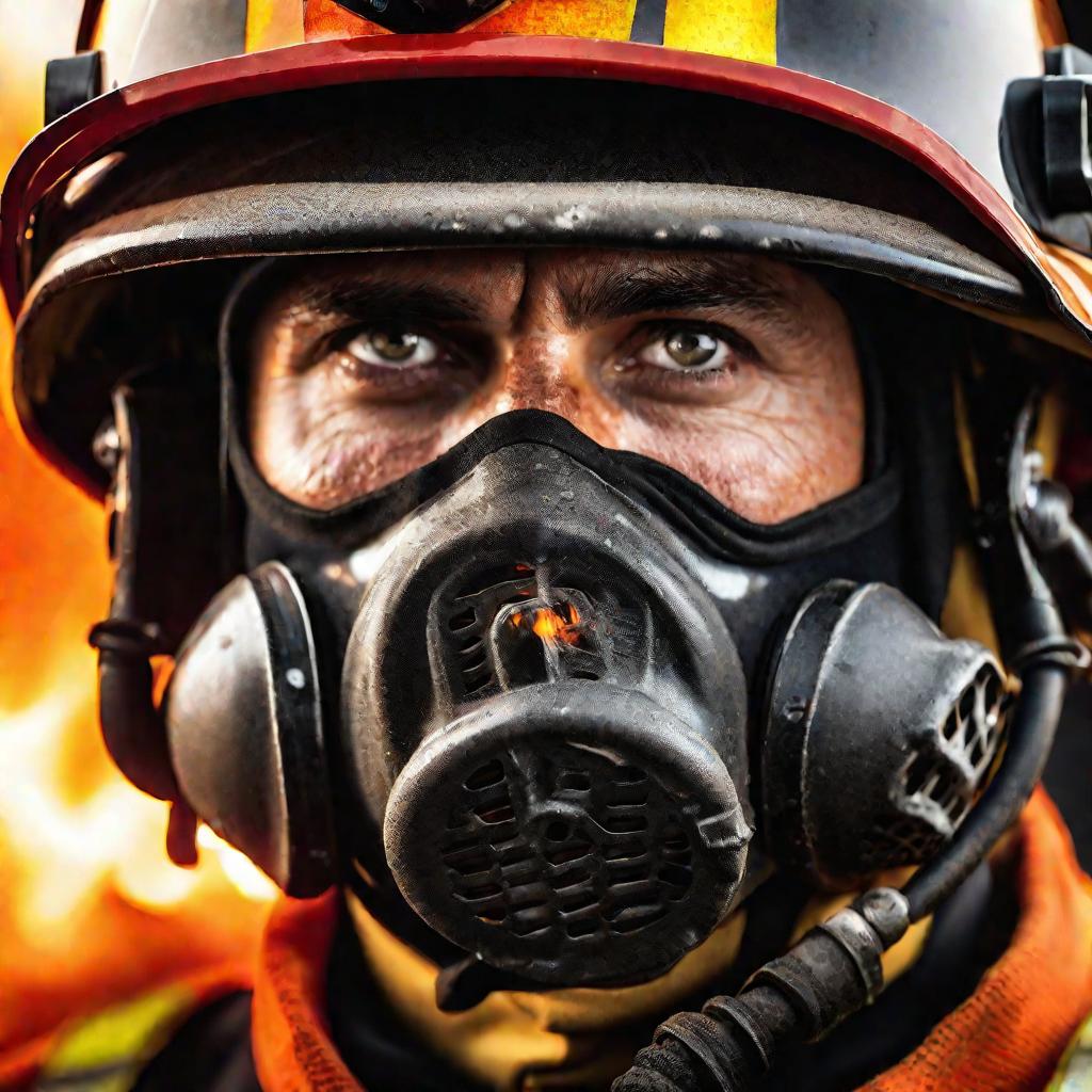 Портрет пожарного в спецодежде с горящим взглядом.